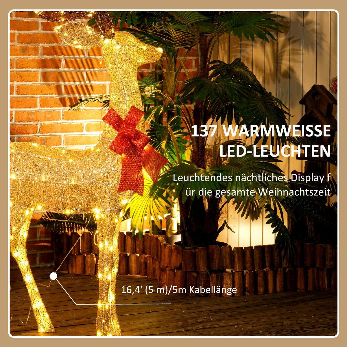 137ER LED Rentier, Weihnachtsdeko in warmweiß, Weihnachtsbeleuchtung - Goldfarben, Kunststoff (25/135/66cm) - Outsunny