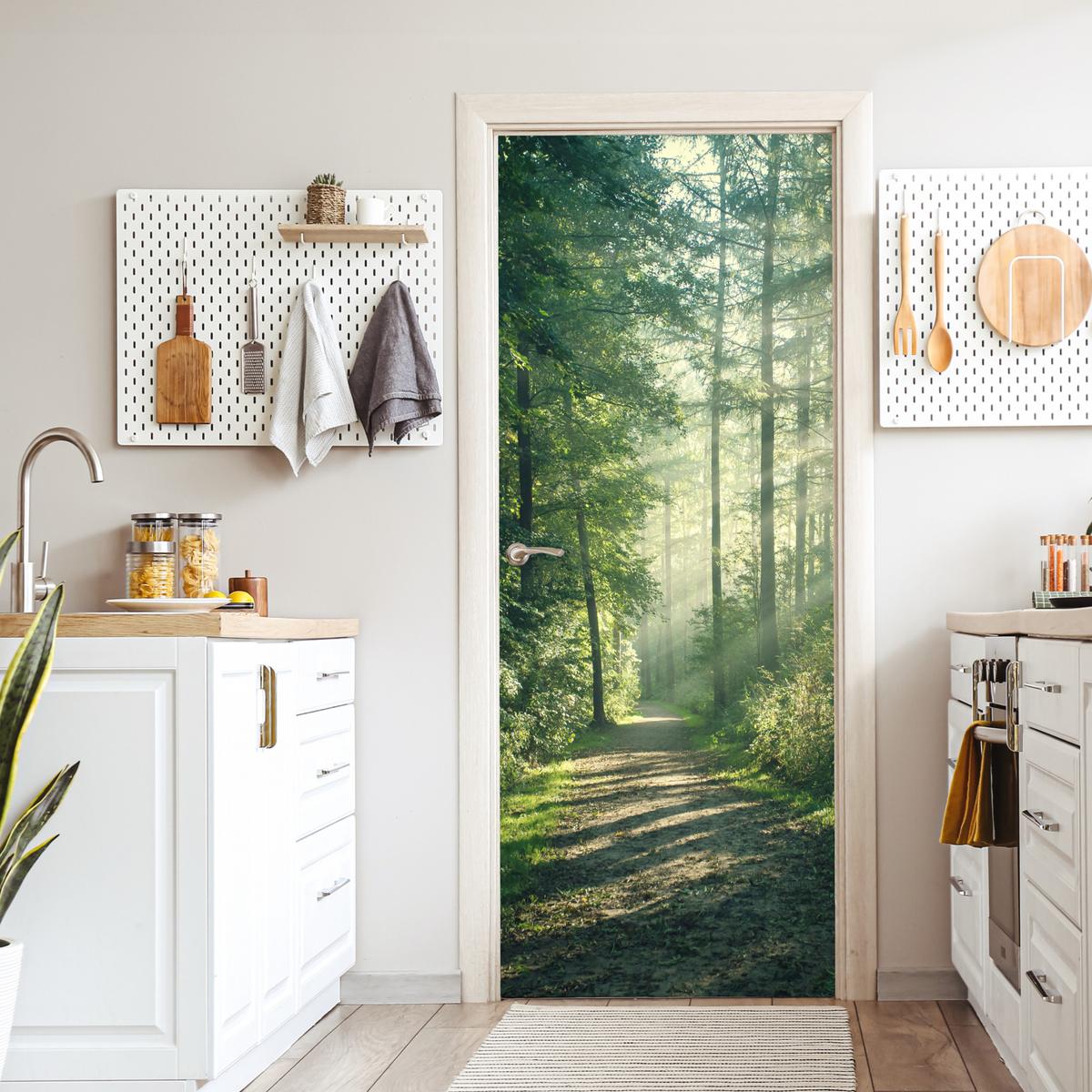 TÜRAUFKLEBER Wald - Weg - Sonne - Bäume - Grün - Natur Room Decor 85x205 cm - Türtapete - Waldgrün, Kunststoff (85/0.1cm) - MuchoWow