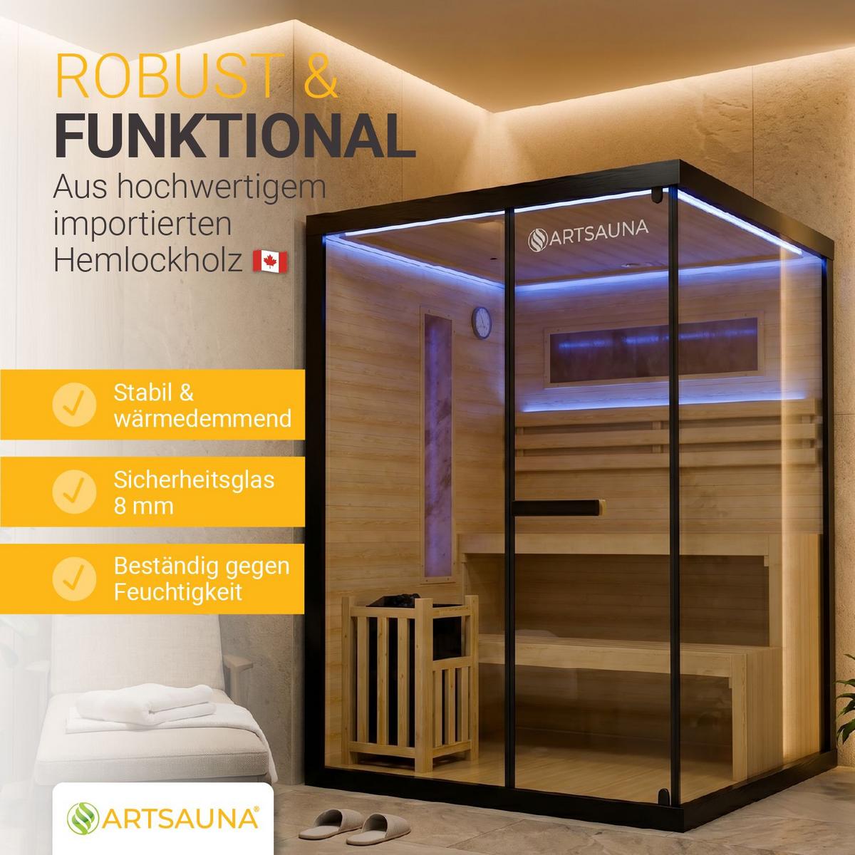 SAUNA Vantaa 150 x 140 cm mit 4,5 kW Saunaofen - Schwarz, Holz (140/200/150cm) - Artsauna