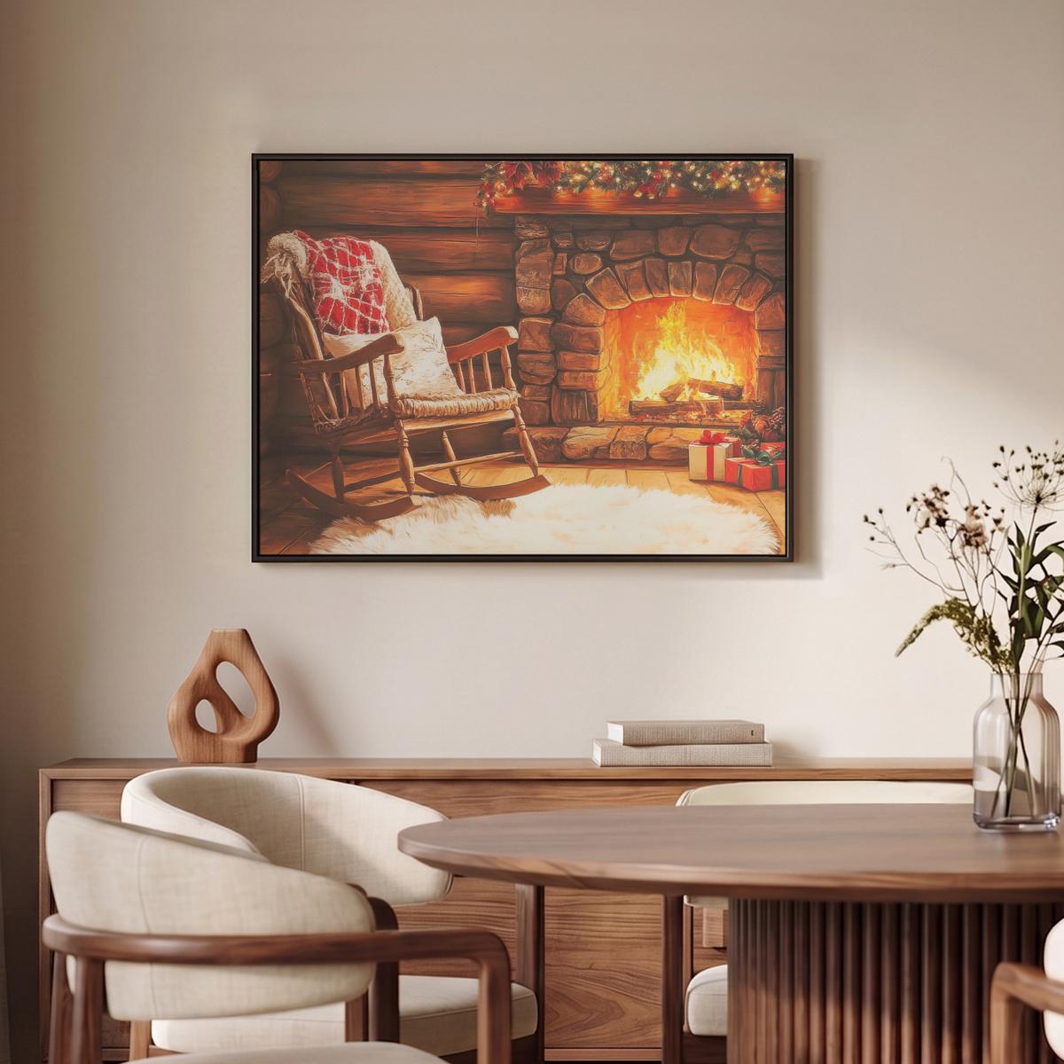 LEINWAND Bilder mit Rahmen - Winter - Weihnachten - Zuhause - Kamin - 70x50 - Bernsteinfarben, Textil (70/50cm) - MuchoWow
