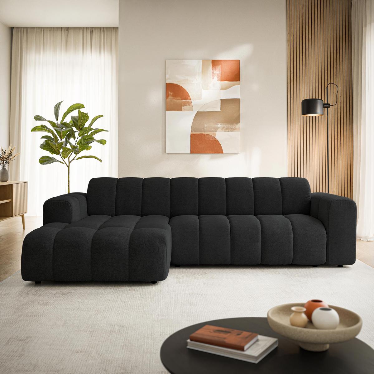 ECKSOFA SETIA Schwarz Strukturstoff mit Schlaffunktion - Schwarz, Holz (304/165cm) - MASSENO