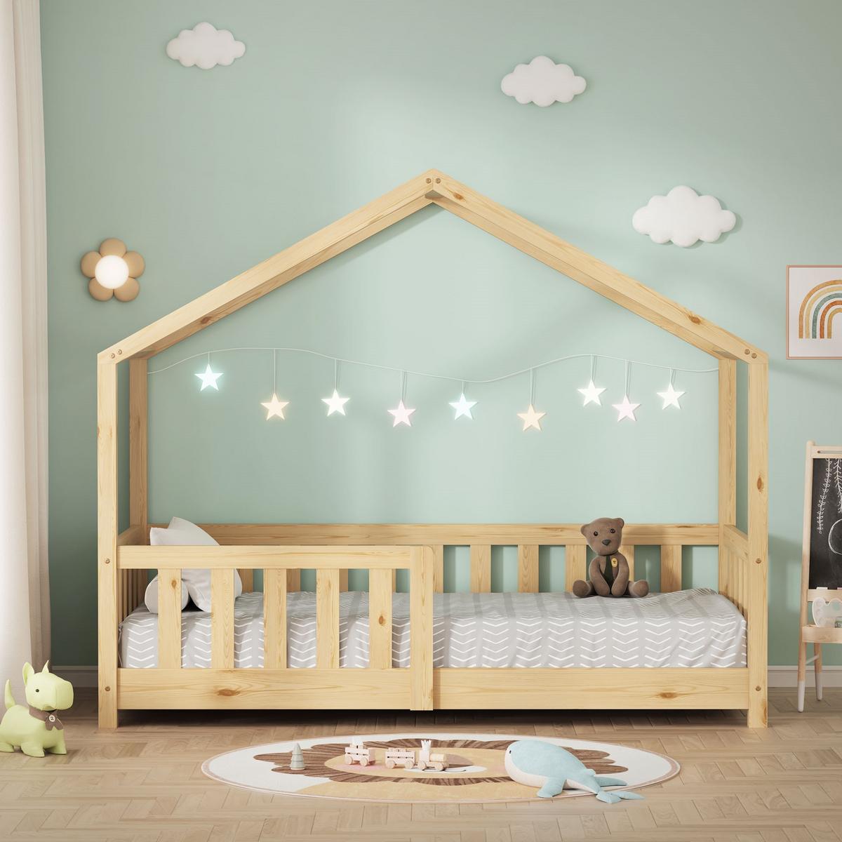 HAUSBETT 70x140 cm Natur aus Kiefernholz mit Rausfallschutz - Beige, Holz (70/140cm) - ML-DESIGN