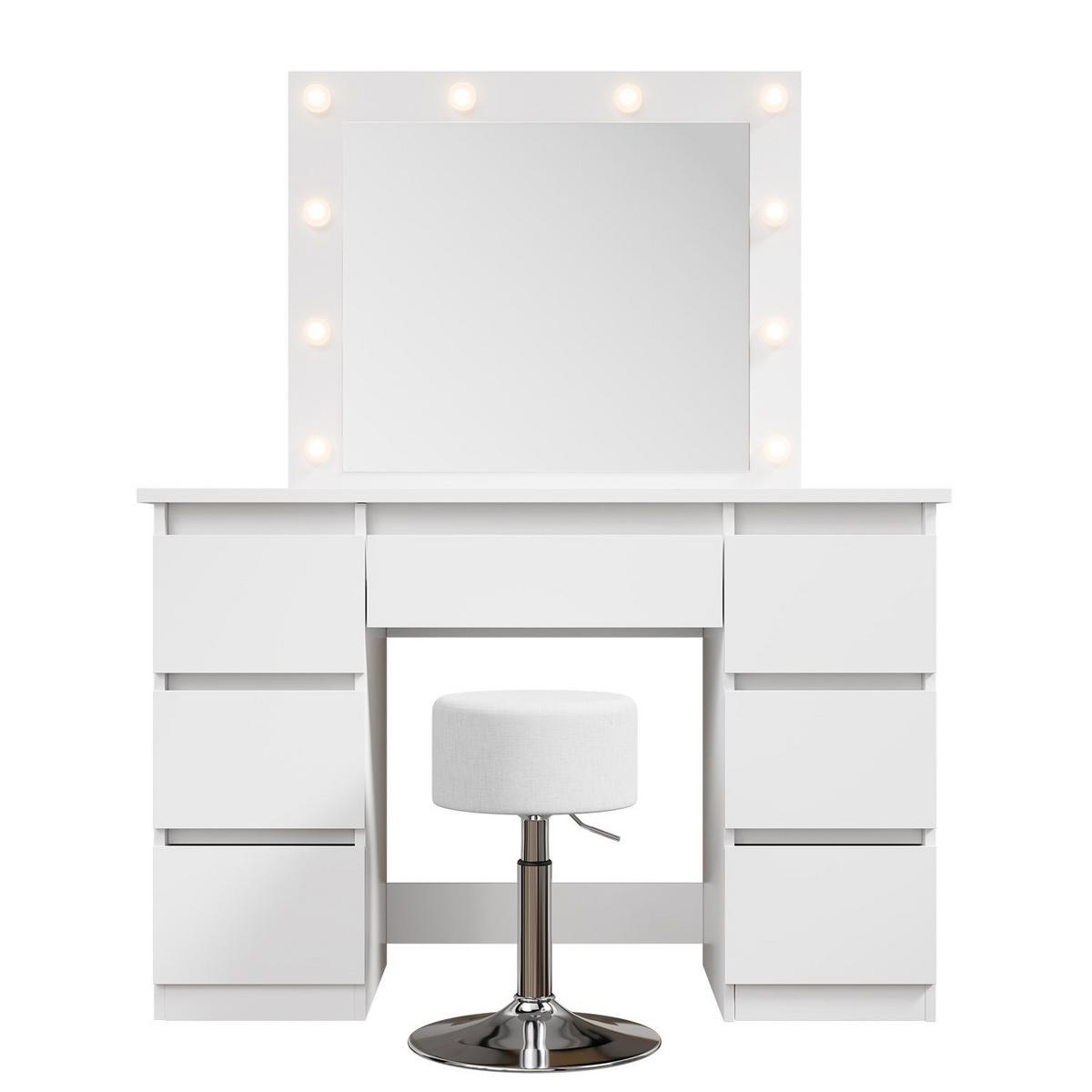 SCHMINKTISCH Talea mit LED (3 Lichtstufen) inkl Hocker Tonia - Weiß, Holz (110/141/40cm) - Juskys