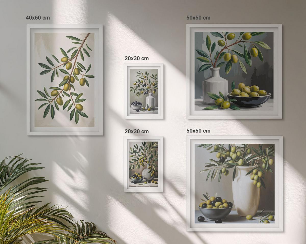 BILDER SET 5er Set - 50x50 cm & 20x30 cm & 40x60 cm Weißer Rahmen - Oliven in grauen Vasen - Weiß, Kunststoff (40/60cm) - TULUP