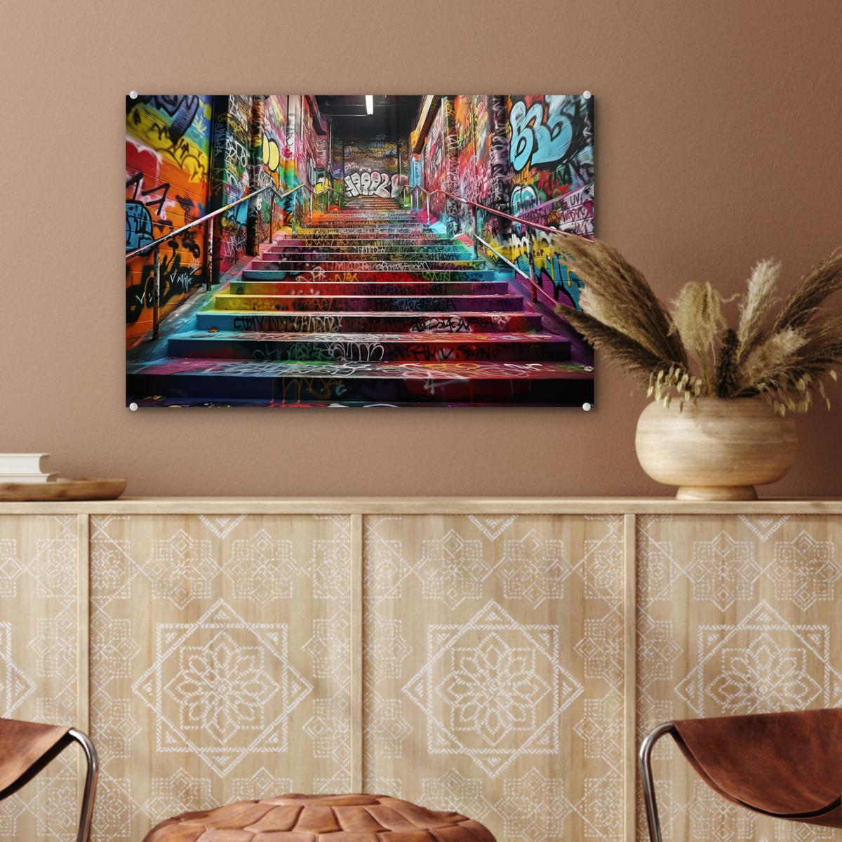 ACRYLGLASBILD Treppe - Graffiti - Farben - Kunst Wanddeko 60x40 cm - Multicolor, Glas (60/40cm) - MuchoWow