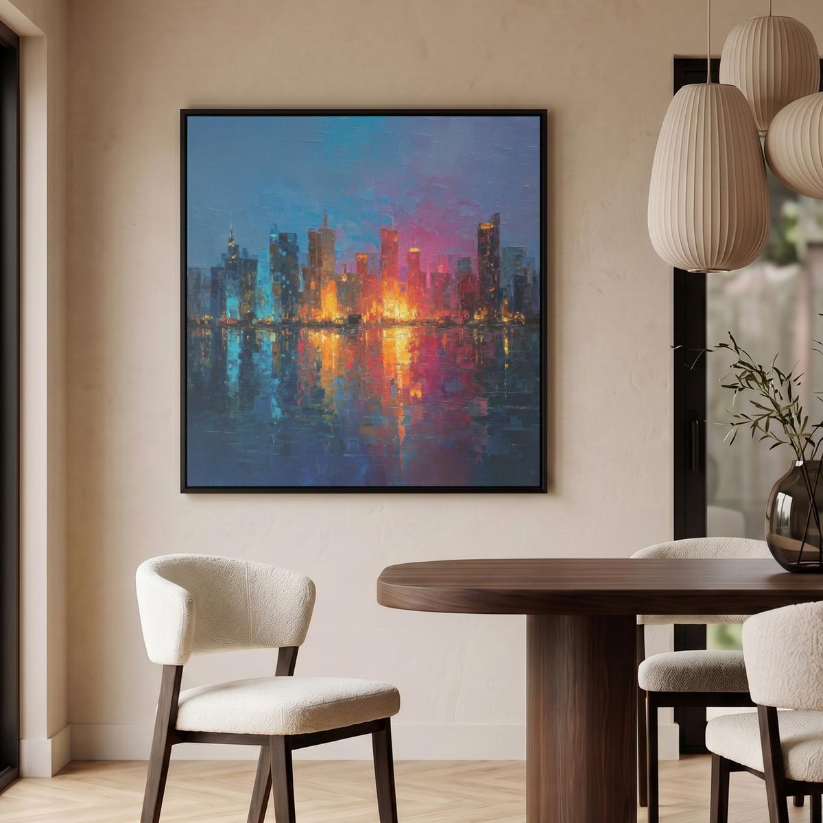 LEINWAND Bilder mit Rahmen - Skyline - Pinselstriche - Dunkelblau - Leuchtend - 90x90 - Blau, Textil (90/90cm) - MuchoWow