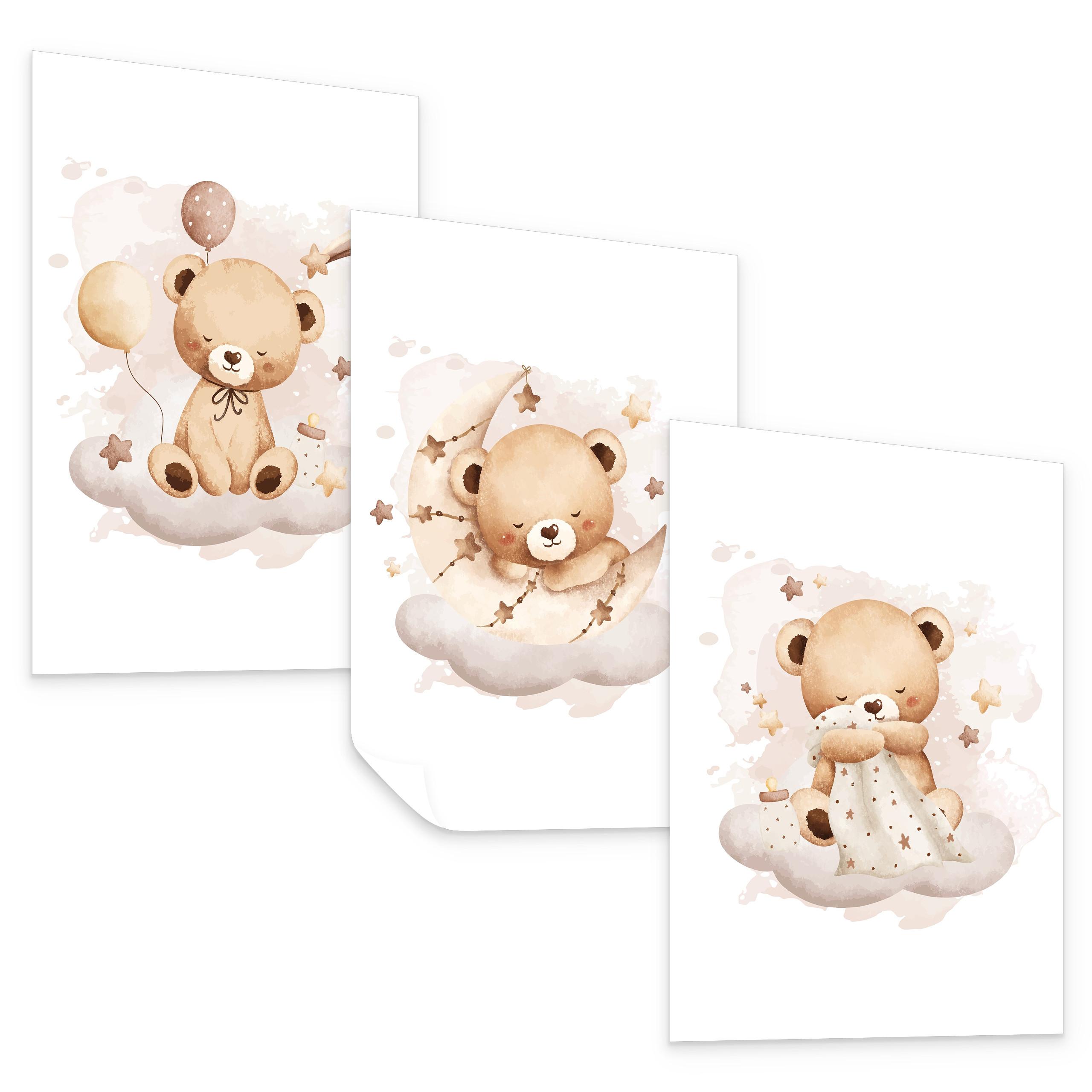 POSTER SET für Kinderzimmer Schlafende Bären auf Wolken Sterne 3x Poster A3 30x42cm - Beige/Braun, Papier (30/42/1cm) - Muralo