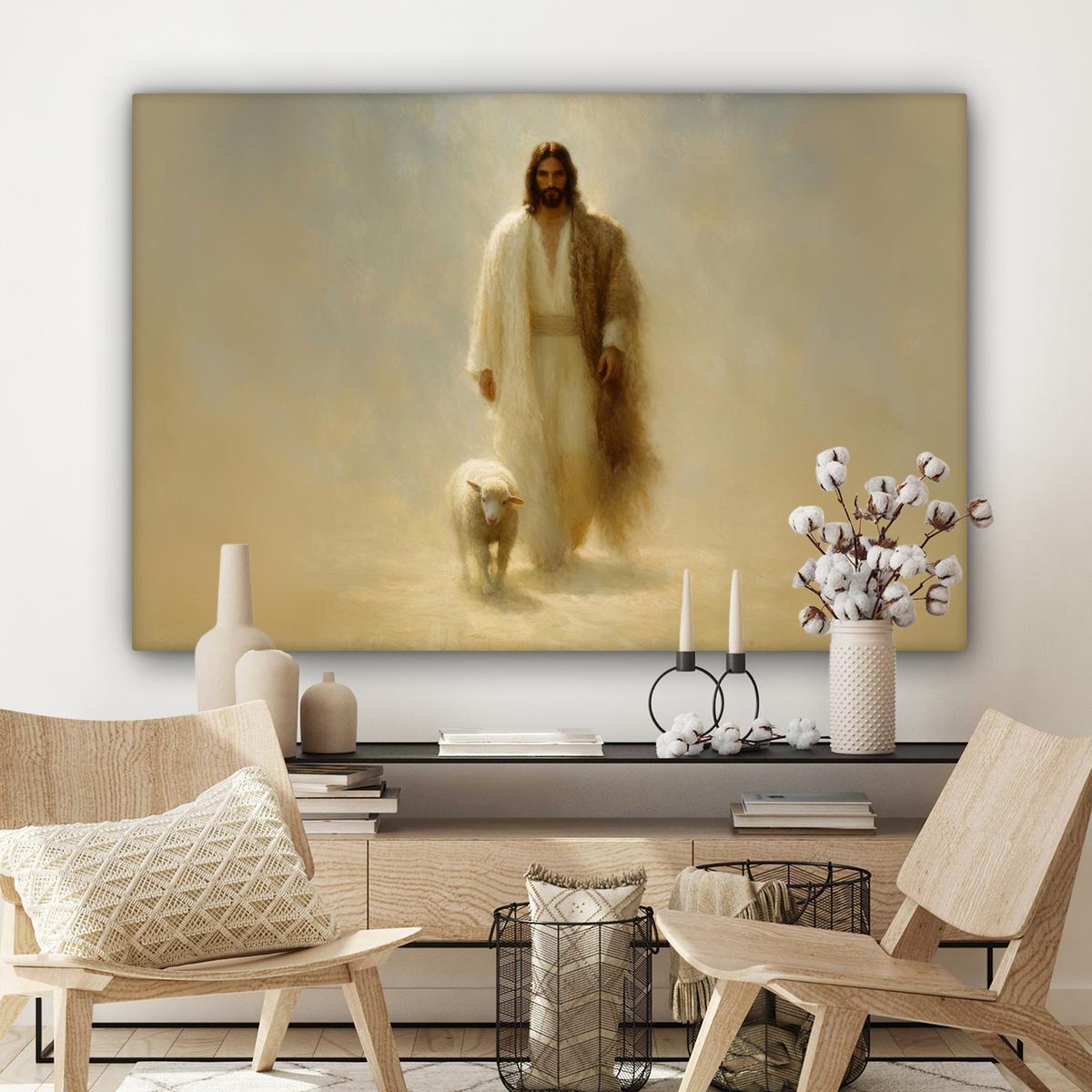 LEINWANDBILD Schaf - Jesus - Pinselstriche - Abstrakt Groß 140x90 cm - Sandfarben, Textil (140/90cm) - MuchoWow