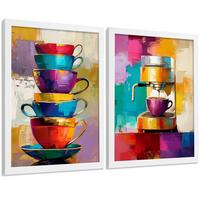 POSTER 2er Set Küchen-Wandbilder Kaffeetassen und Espressomaschine Pop Art Bunt Esszimmer Wanddeko Rahmenlos A4 - Weiß, Papier (29.7/1/21cm) - Nacnic
