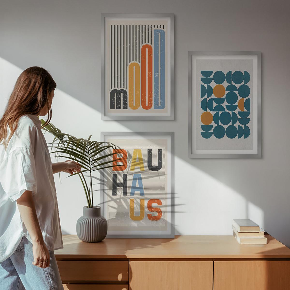 BILDER SET 3er Set - 40x60 cm Silberner Rahmen - Geometrische Muster im Bauhaus-Stil - Silberfarben, Kunststoff (40/60cm) - TULUP