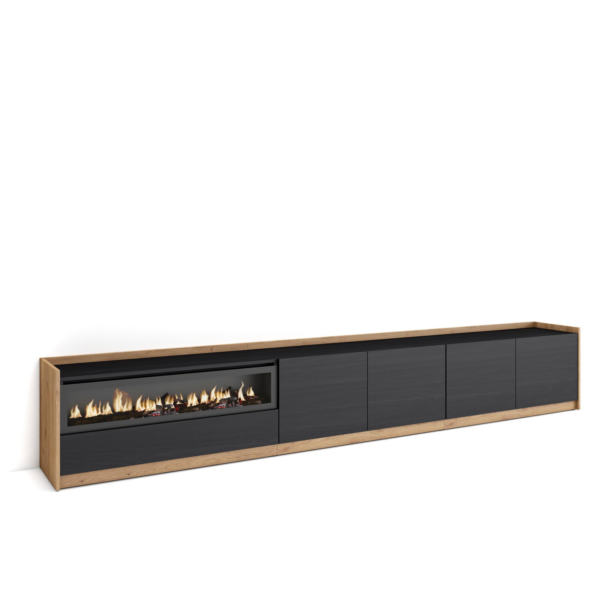 LOWBOARD, Schwarz Eiche, Elektrokamin, 310/37/50cm - Schwarz, Holzwerkstoff (310/50/37cm) - Skraut Home
