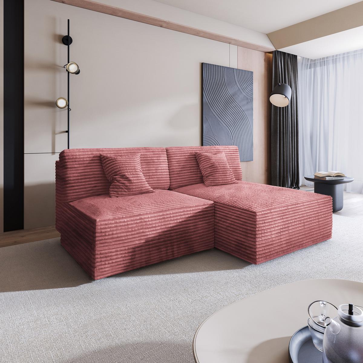 ECKSOFA FIORO Rosa Kordstoff mit Schlaffunktion - Rosa, Holz (204/148cm) - MASSENO