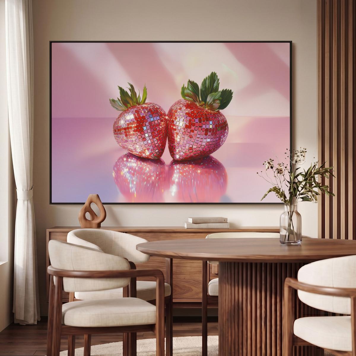 LEINWAND Bilder mit Rahmen - Disco - Obst - Glitzer - Erdbeere - 120x80 - Pink, Textil (120/80cm) - MuchoWow