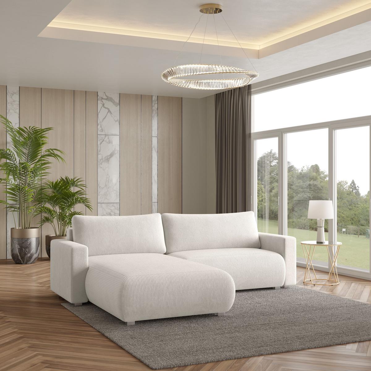ECKSOFA TURIN P Creme Kordstoff mit Schlaffunktion - Creme/Grau, Holz/Kunststoff (265/183cm) - MASSENO