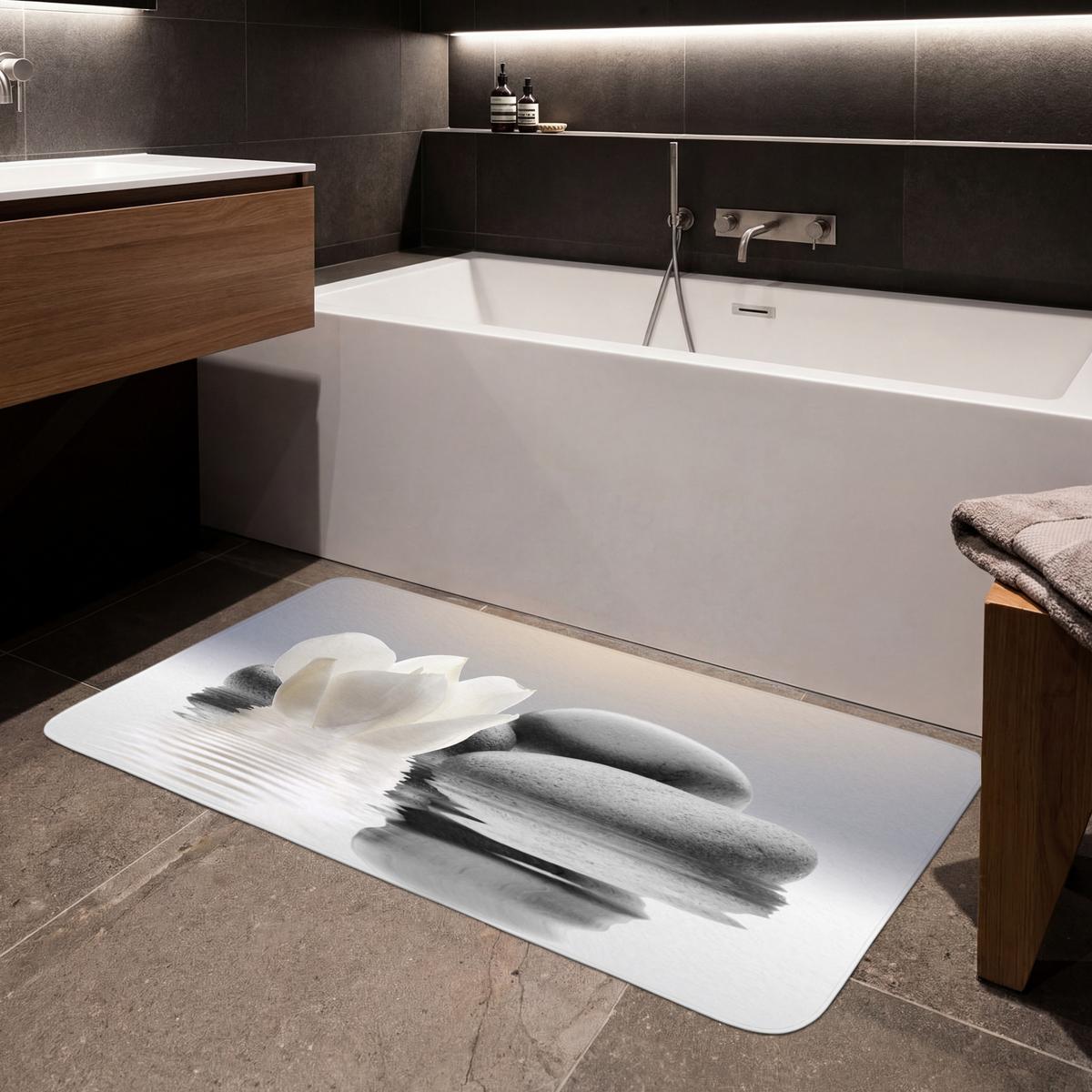 BADEMATTE Steine - Lotus - Weiß - Wasser - Zen 120x60 cm - Weiß, Textil (120/60cm) - OnlyWow