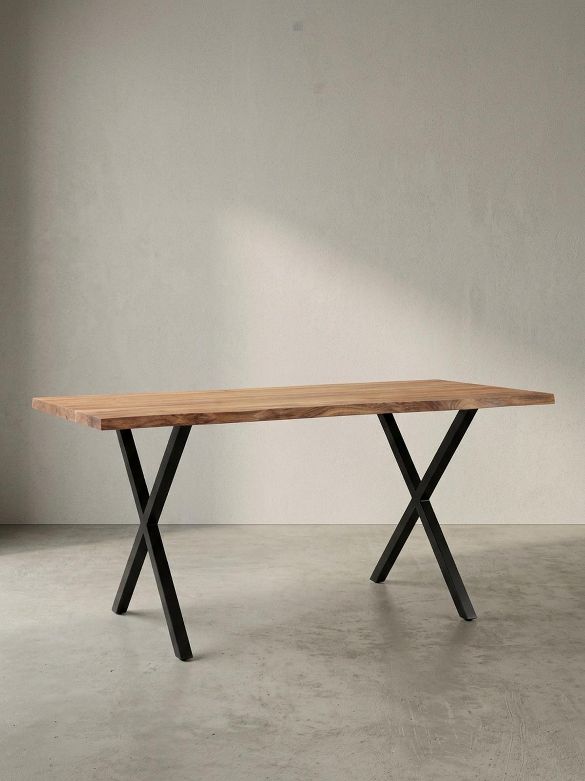 SCHREIBTISCH Massivholz X-Gestell Baumkante Handgefertigt KRETA, Goldbraun-Schwarz 200x100x76 cm - Schwarz/Braun, Holz/Metall (100/200/76cm) - KADIMA DESIGN