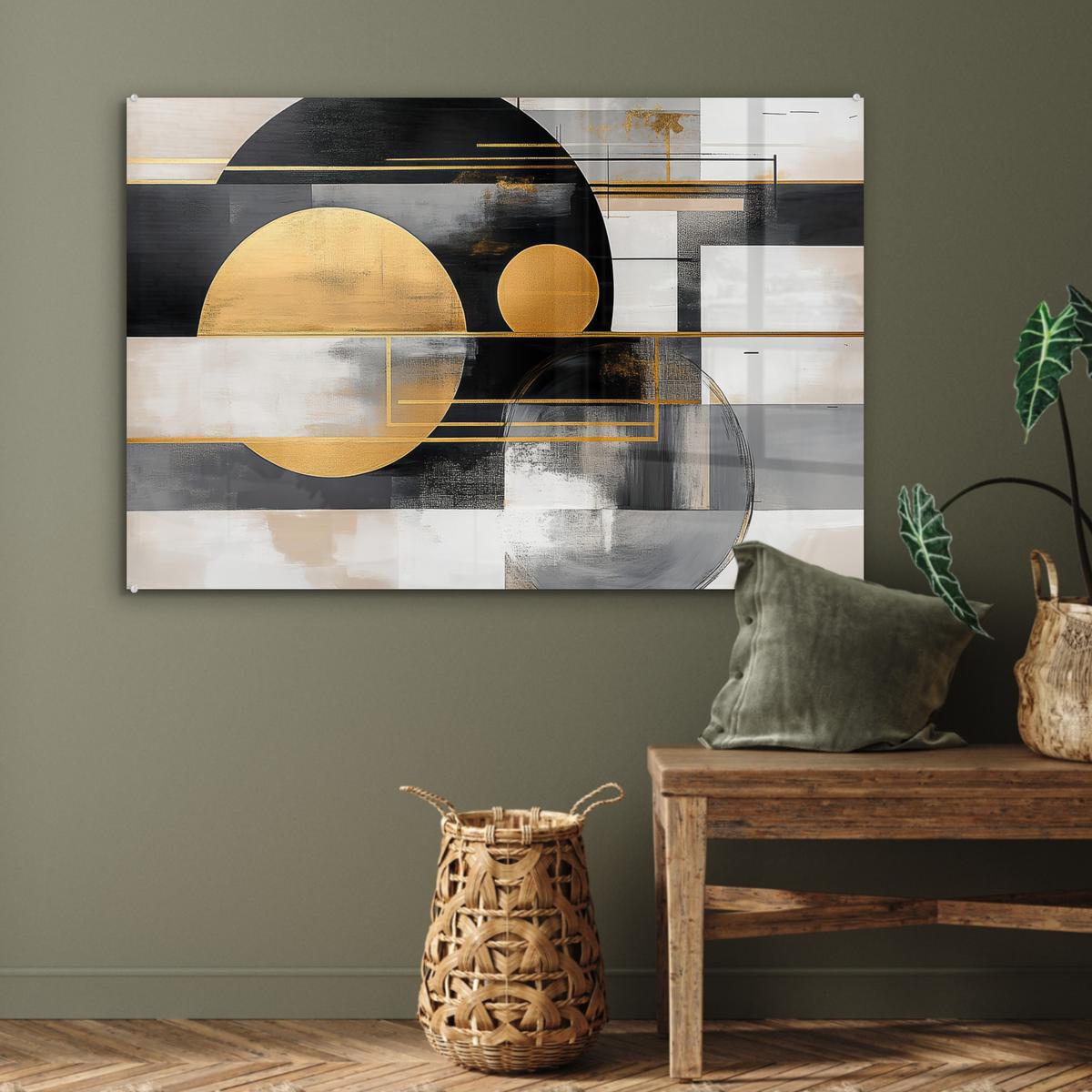 ACRYLGLASBILD Abstrakt - Gold - Silber - Formen - Ästhetisch - Modern Room Decor 90x60 cm - Goldfarben, Glas (90/60cm) - MuchoWow