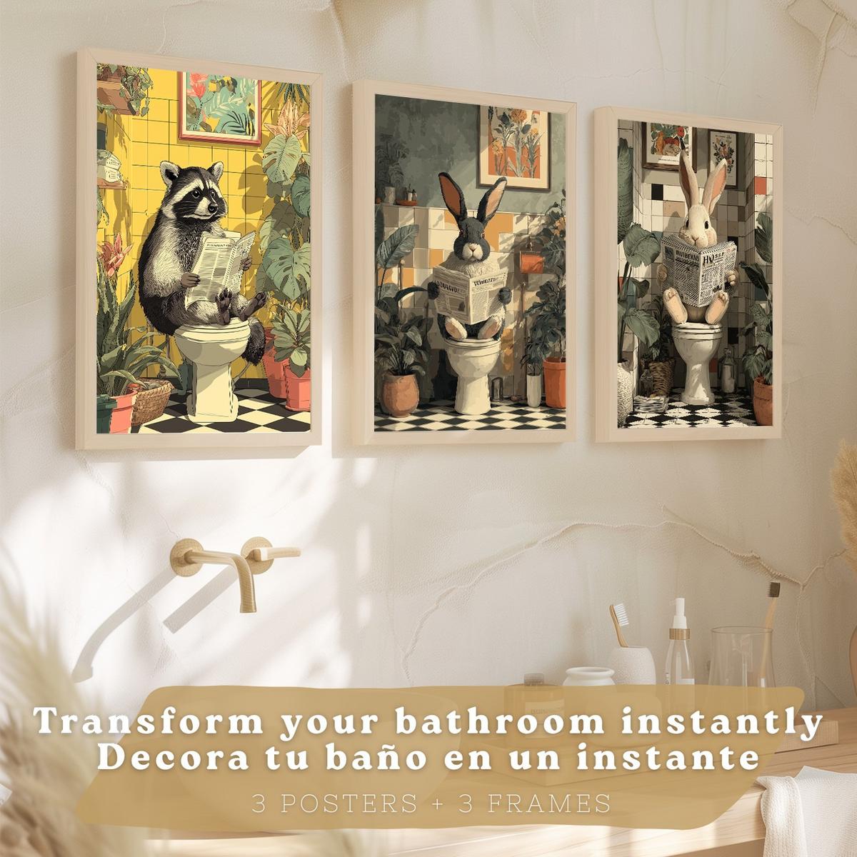 POSTER 3er-Set Tierdrucke im Badezimmer, lustige Waschbär Kaninchen-Dekorationsbilder im modernen Vintage-Stil für und Toilette Leichter Holzrahmen A4 - Beige, Papier (29.7/21/3cm) - Nacnic