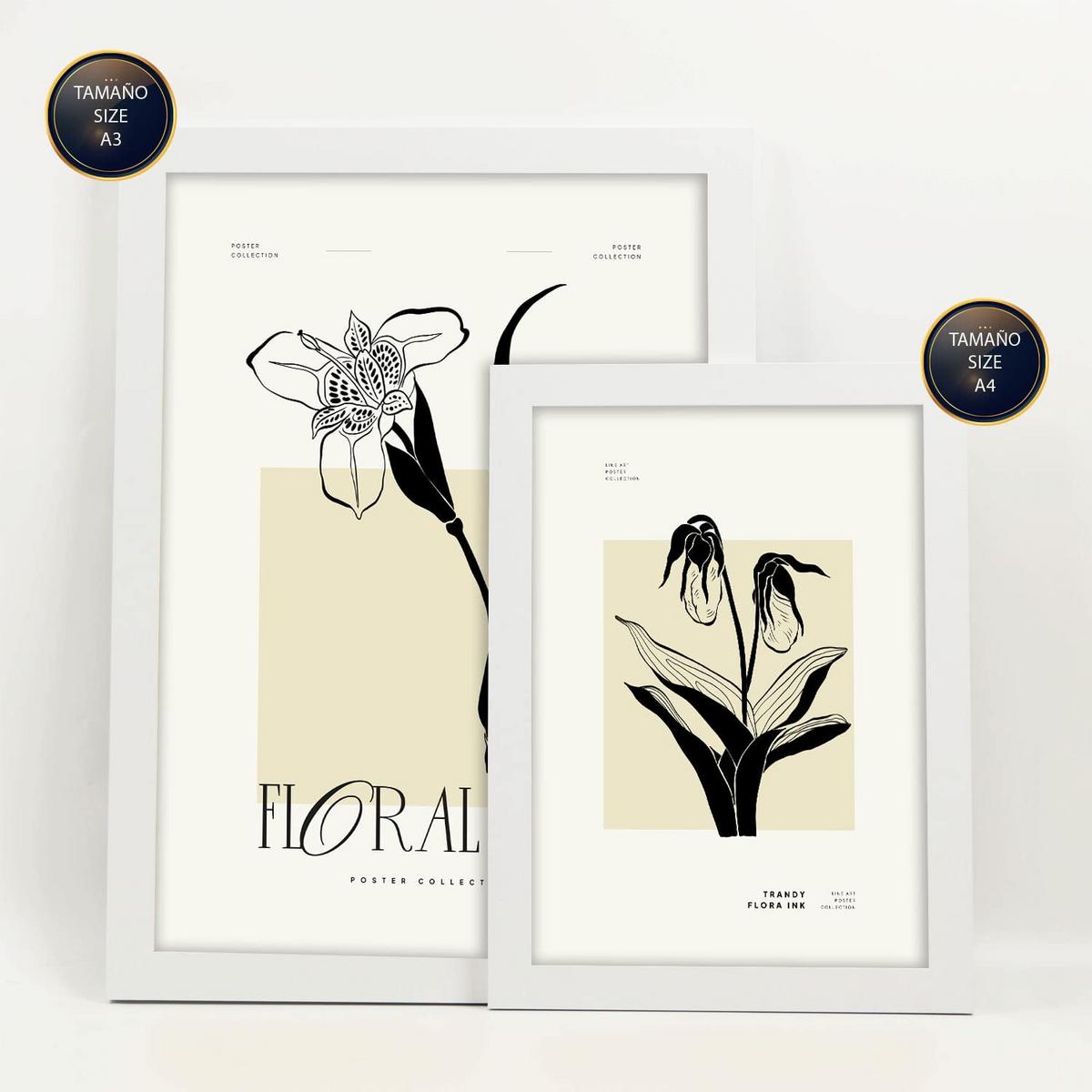 POSTER Set Mit 6 In Schwarzer Tinte Tropische Orchideen A3 & A4 Weißer Rahmen - Weiß, Papier (29/3cm) - Nacnic