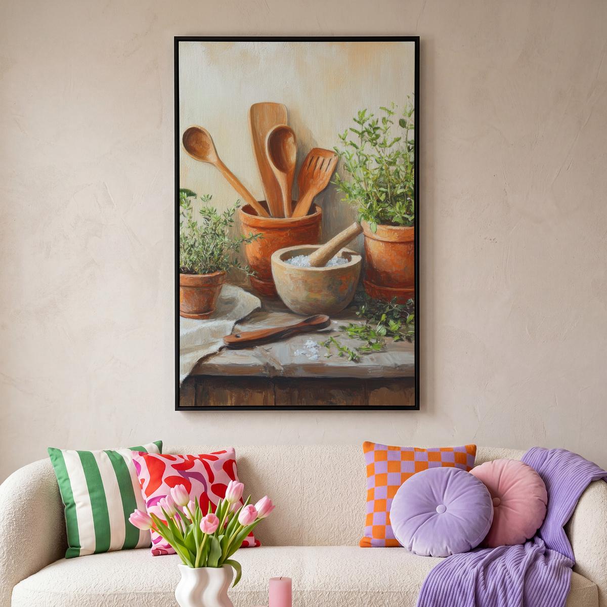LEINWAND Bilder mit Rahmen - Töpfe - Kräuter - Holz - 90x140 - Terracotta, Textil (90/140cm) - MuchoWow