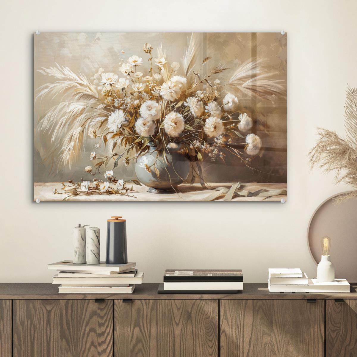 ACRYLGLASBILD Blumen - Vase - Stilleben - Beige Wanddeko 60x40 cm - Creme, Glas (60/40cm) - MuchoWow