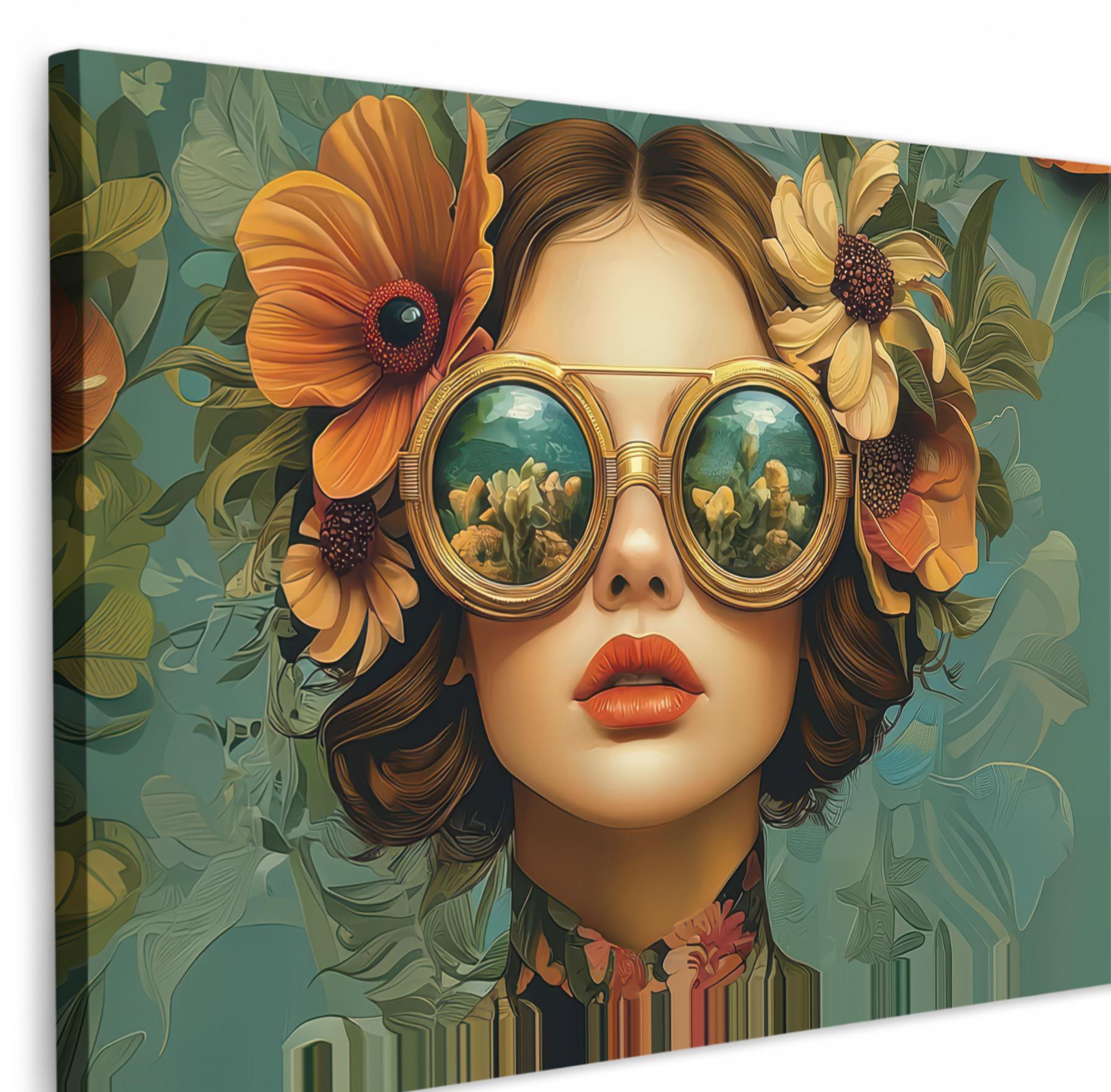 LEINWANDBILD Frau - Blumen - Schmetterlinge - Natur - Vintage Gemälde 60x40 cm - Salbeigrün, Textil (60/40cm) - MuchoWow