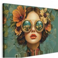 LEINWANDBILD Frau - Blumen - Schmetterlinge - Natur - Vintage Deko Schlafzimmer 30x20 cm - Salbeigrün, Textil (30/20cm) - MuchoWow