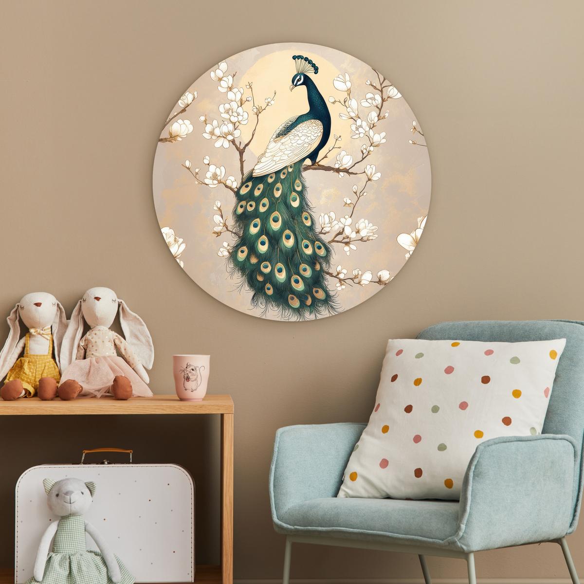WANDBILD Pfau - Zweig - Blumen Wanddeko Schlafzimmer 60x60 cm - Champagner, Kunststoff (60/60cm) - MuchoWow