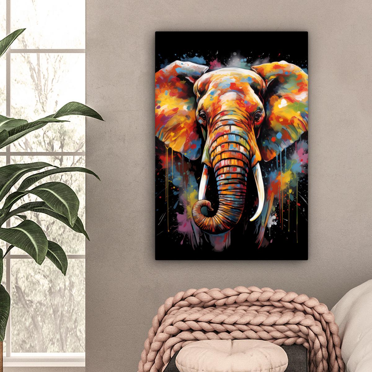 LEINWANDBILD Elefant - Graffiti - Schwarz - Tiere - Farben Wanddeko 40x60 cm - Schwarz, Textil (40/60cm) - MuchoWow