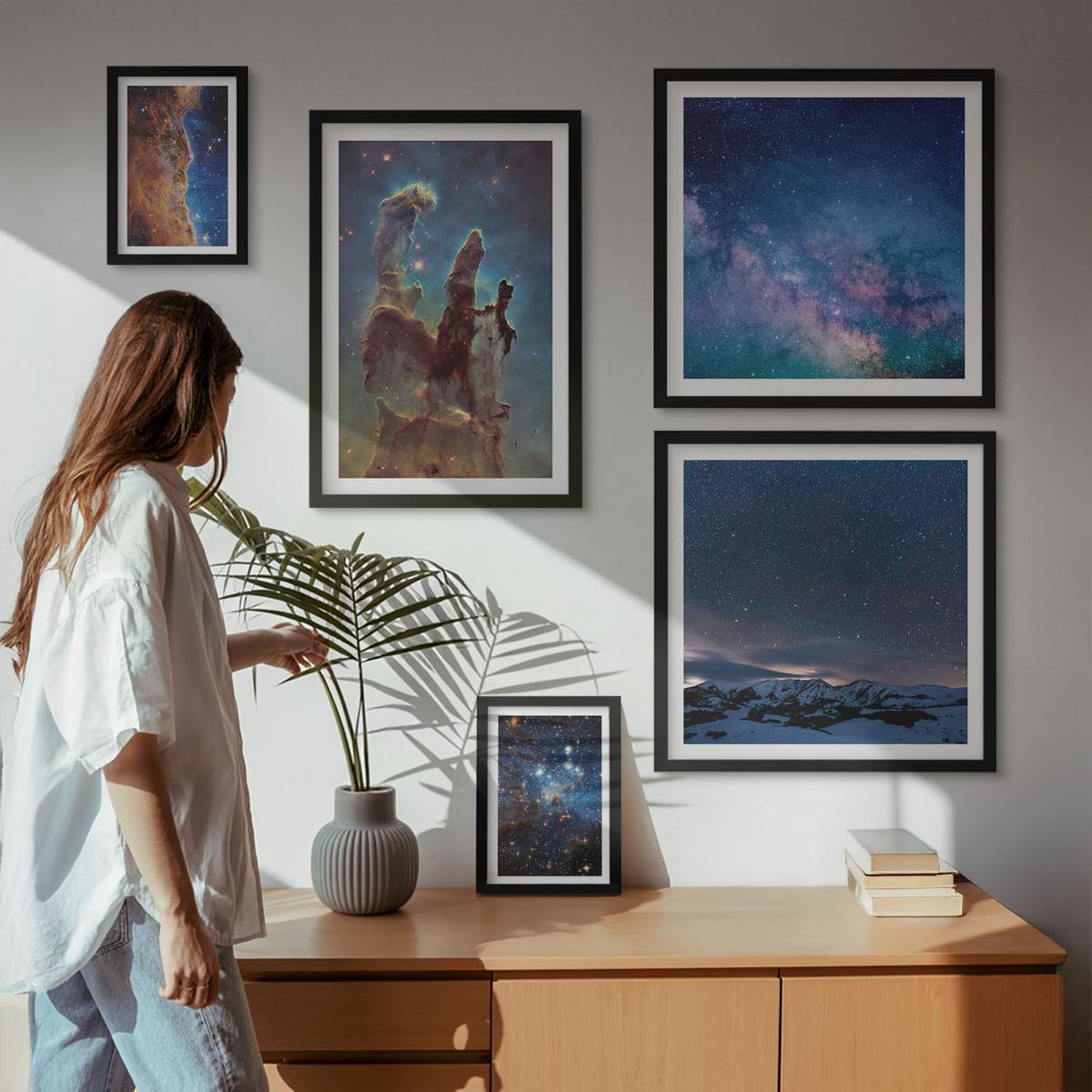 BILDER SET 5er Set - 50x50 cm & 20x30 cm & 40x60 cm Schwarzer Rahmen - Weltraumlandschaften von Galaxien - Schwarz, Kunststoff (40/60cm) - TULUP