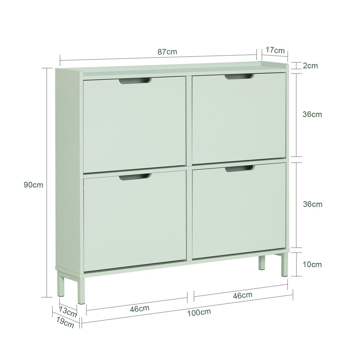 SCHUHSCHRANK grün, 100x91x19 cm, 4 Klappen für 8 Paar, nur 19 cm tief, Ablagefläche oben, für schmale Flure & hinter der Tür - Grün, Holzwerkstoff/Metall (100/91/19cm) - SoBuy