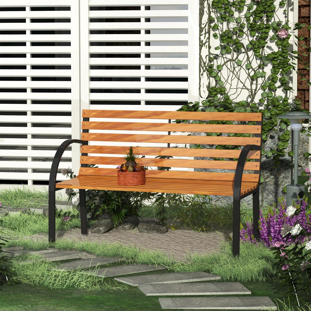 GARTENBANK, Sitzbank, Parkbank, 2-Sitzer, für Garten, Stahl+Holz, Natur - Fichtefarben, Metall (60/83/122cm) - Outsunny