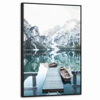 LEINWAND Bilder mit Rahmen - Natur - Berge - Schnee - Wald - Boot - 60x90 - Hellgrün, Textil (60/90cm) - MuchoWow