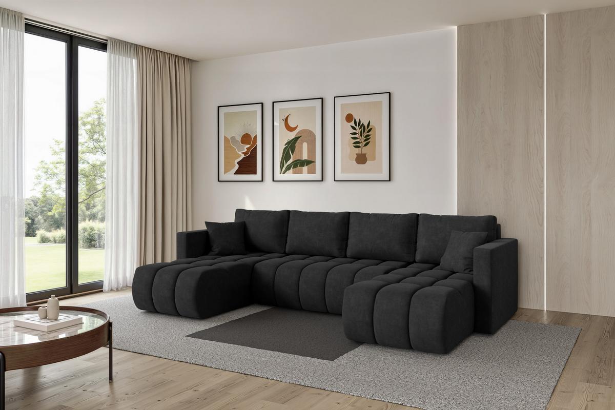 WOHNLANDSCHAFT mit Schlaffunktion und Bettkasten GARD-U 300x146x85 Schwarz Velours - Schwarz, Holzwerkstoff/Kunststoff (300/85/146cm) - ALTDECOR