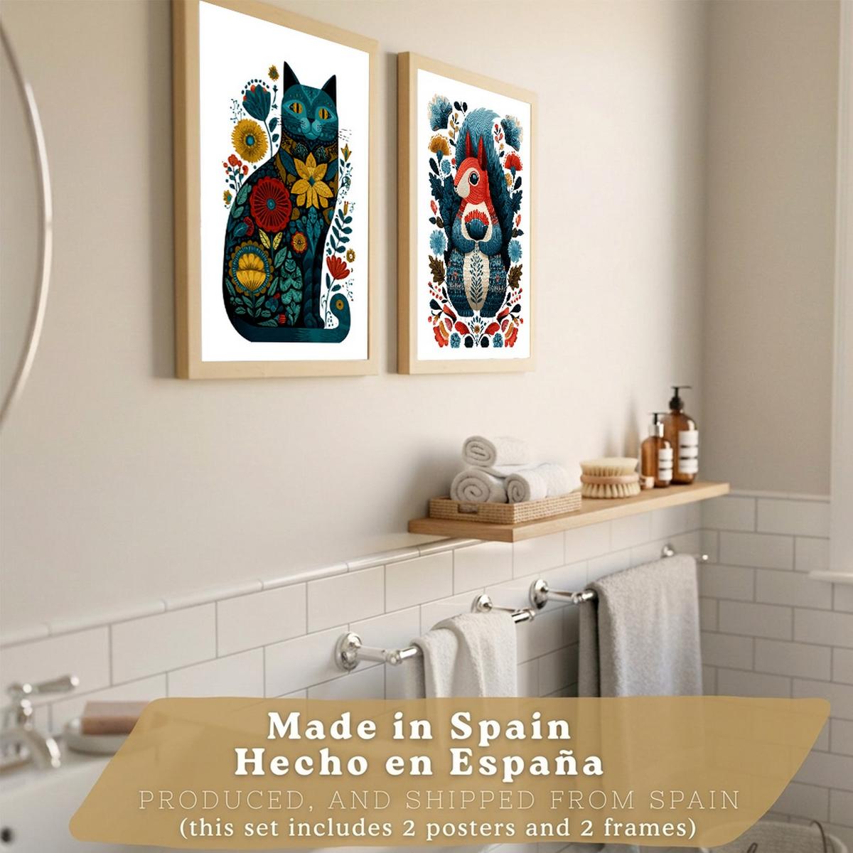 POSTER 2er-Set moderne Kunstdrucke im Folk-Stil, Katzen Eichhörnchen-Dekorationsbilder, farbenfrohe Blumenposter für Wohnzimmer Leichter Holzrahmen A3 - Beige, Papier (42/29.7/3cm) - Nacnic
