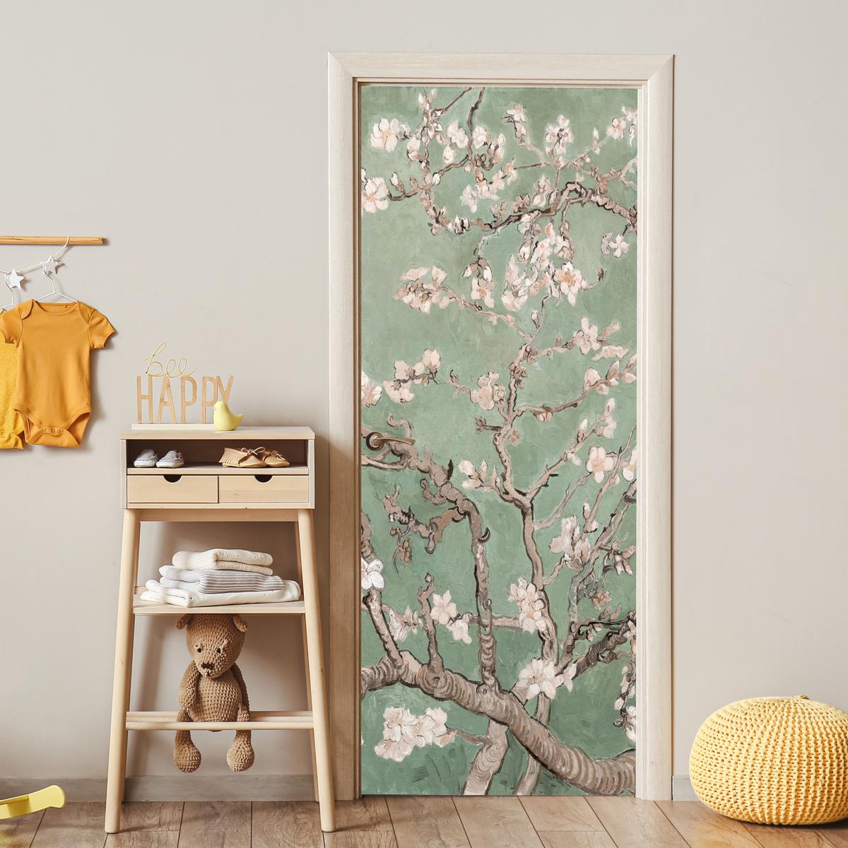 TÜRAUFKLEBER Mandelblüte - Kunst - Van Gogh - Grün 85x215 cm - Türtapete - Salbeigrün, Kunststoff (85/0.1cm) - MuchoWow