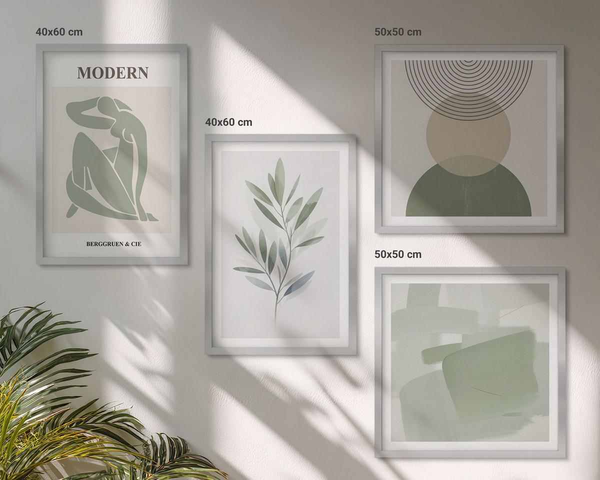 BILDER SET 4er Set - 50x50 cm & 40x60 cm Silberner Rahmen - Stilvolle abstrakte Pflanzengrafiken - Silberfarben, Kunststoff (50/50cm) - TULUP