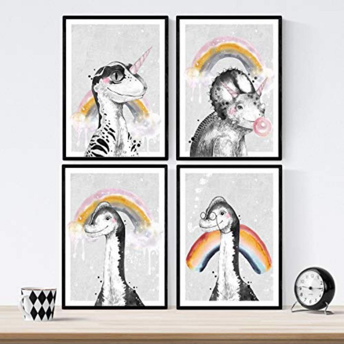 POSTER Set mit 4 Dinosaurios arociris A4 Schwarzer Rahmen - Schwarz, Papier (29.7/3cm) - Nacnic