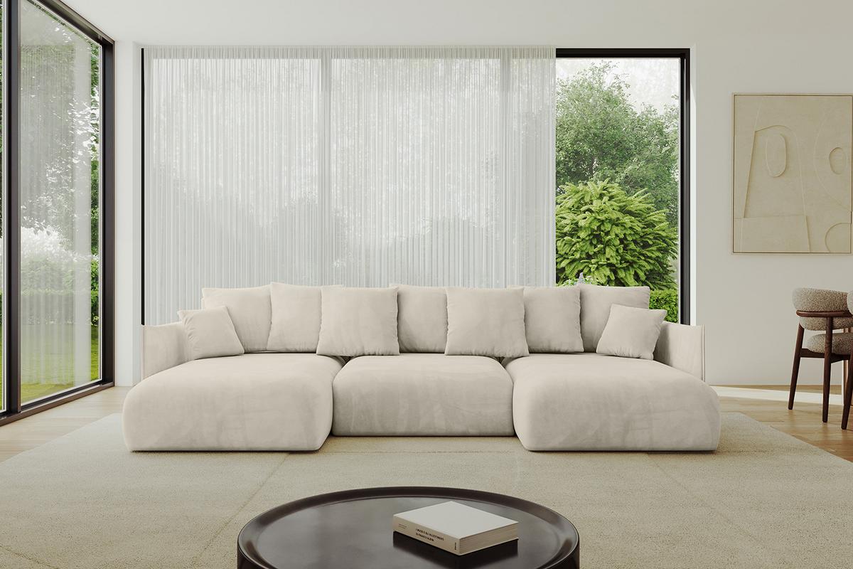 WOHNLANDSCHAFT mit Schlaffunktion und Bettkasten ONESK-U 317x177x72 Ecru Velours - Ecru, Holzwerkstoff/Kunststoff (317/72/177cm) - ALTDECOR