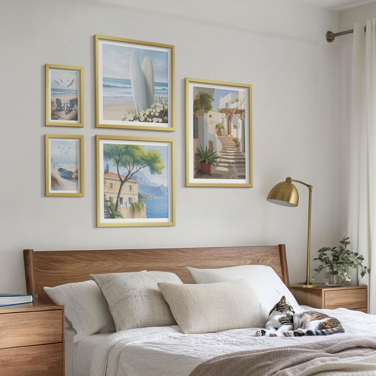 BILDER SET 5er Set - 50x50 cm & 20x30 cm & 40x60 cm Goldrahmen - Straßenblumen, Fahrrad bemalt - Goldfarben, Kunststoff (40/60cm) - TULUP