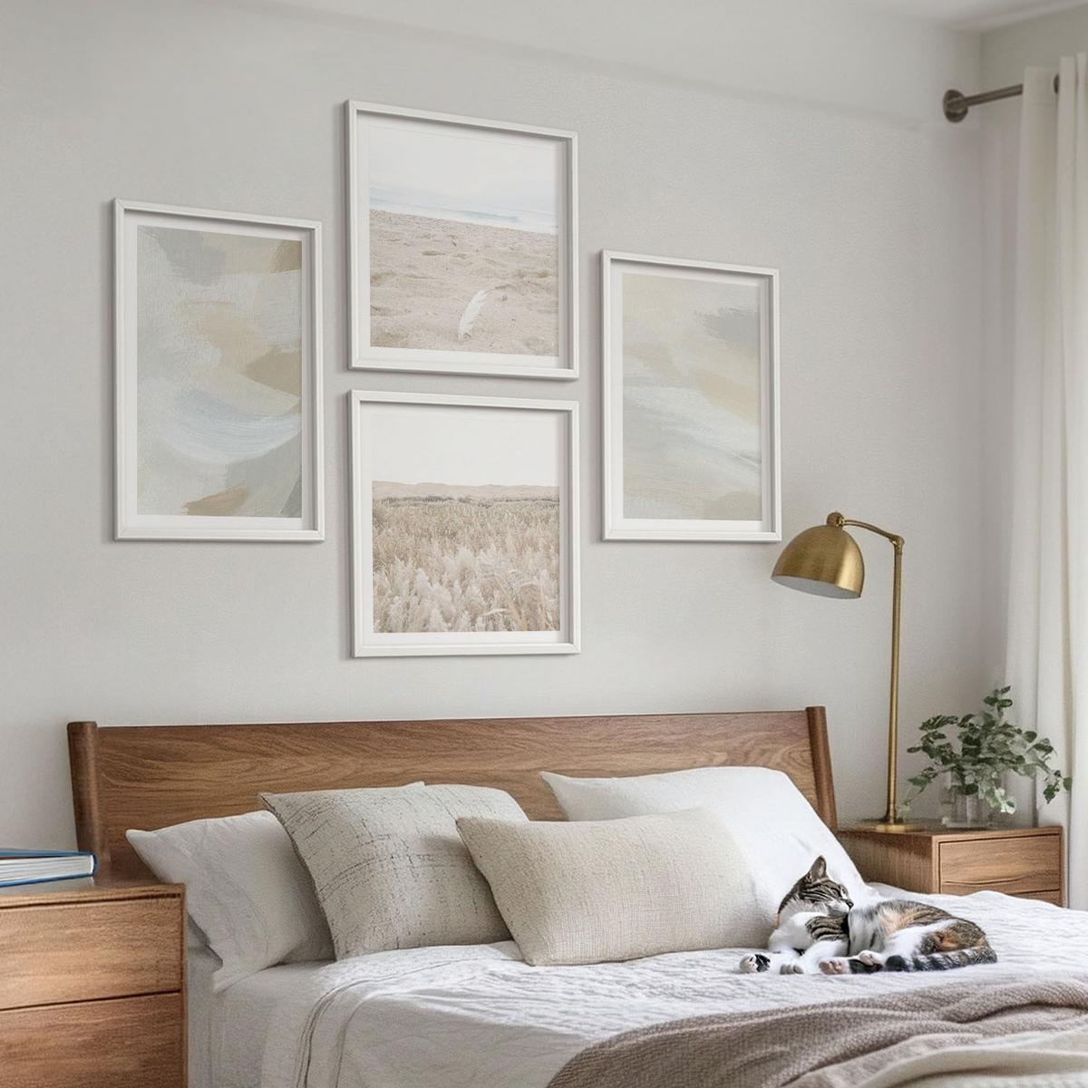 BILDER SET 4er Set - 50x50 cm & 40x60 cm Weißer Rahmen - Abstrakter Hintergrund mit feinen Strichen - Weiß, Kunststoff (50/50cm) - TULUP