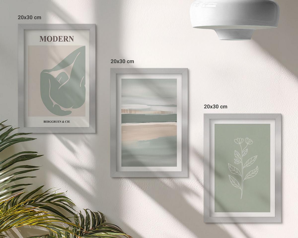 BILDER SET 3er Set - 20x30 cm Silberner Rahmen - Abstrakte pastellfarbene Pflanzenformen - Silberfarben, Kunststoff (20/30cm) - TULUP
