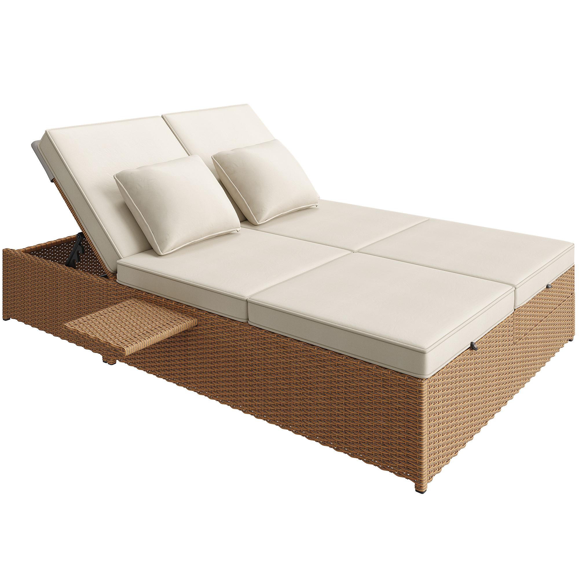 DOPPEL-SONNENLIEGE 199 cm Polyrattan Natur Gartenliege für 2 Personen mit verstellbarer Rückenlehne & Polster - Weiß, Metall (199/37/120cm) - Urban Meuble