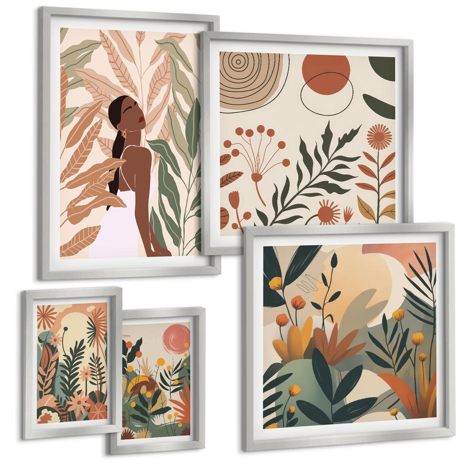 BILDER SET 5er Set - 50x50 cm & 20x30 cm & 40x60 cm Silberner Rahmen - Pflanzenmotive in Farben - Silberfarben, Kunststoff (40/60cm) - TULUP