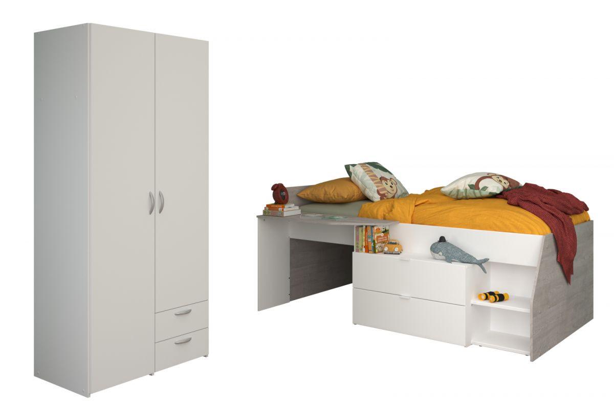 KINDERZIMMER weiß, grau, Komplett-Set 2-teilig mit Stauraumbett, Kleiderschrank - Silberfarben/Weiß, Holzwerkstoff/Kunststoff (135/185/203cm) - Parisot Meuble