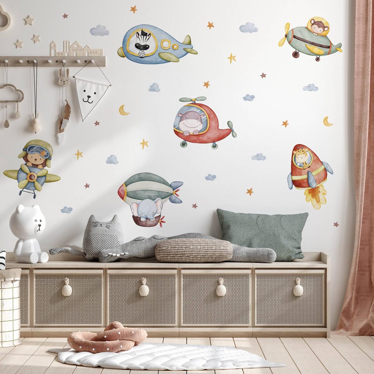 STICKER SET für Kinder Wilde Tiere Sterne Monde Wolken 60x30 - Gelb/Rot, Papier (60/30/1cm) - Muralo