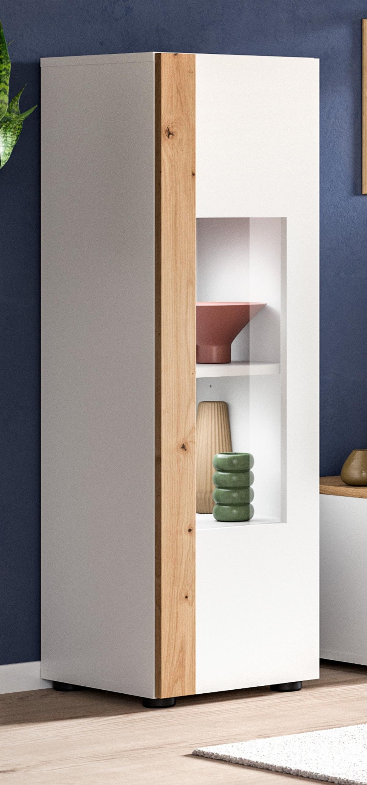 VITRINE weiß und Eiche 30 x 110 cm, Vitrinenschrank stehend/hängend - Schwarz/Weiß, Glas/Holzwerkstoff (30/112/33cm) - Inn.Furn