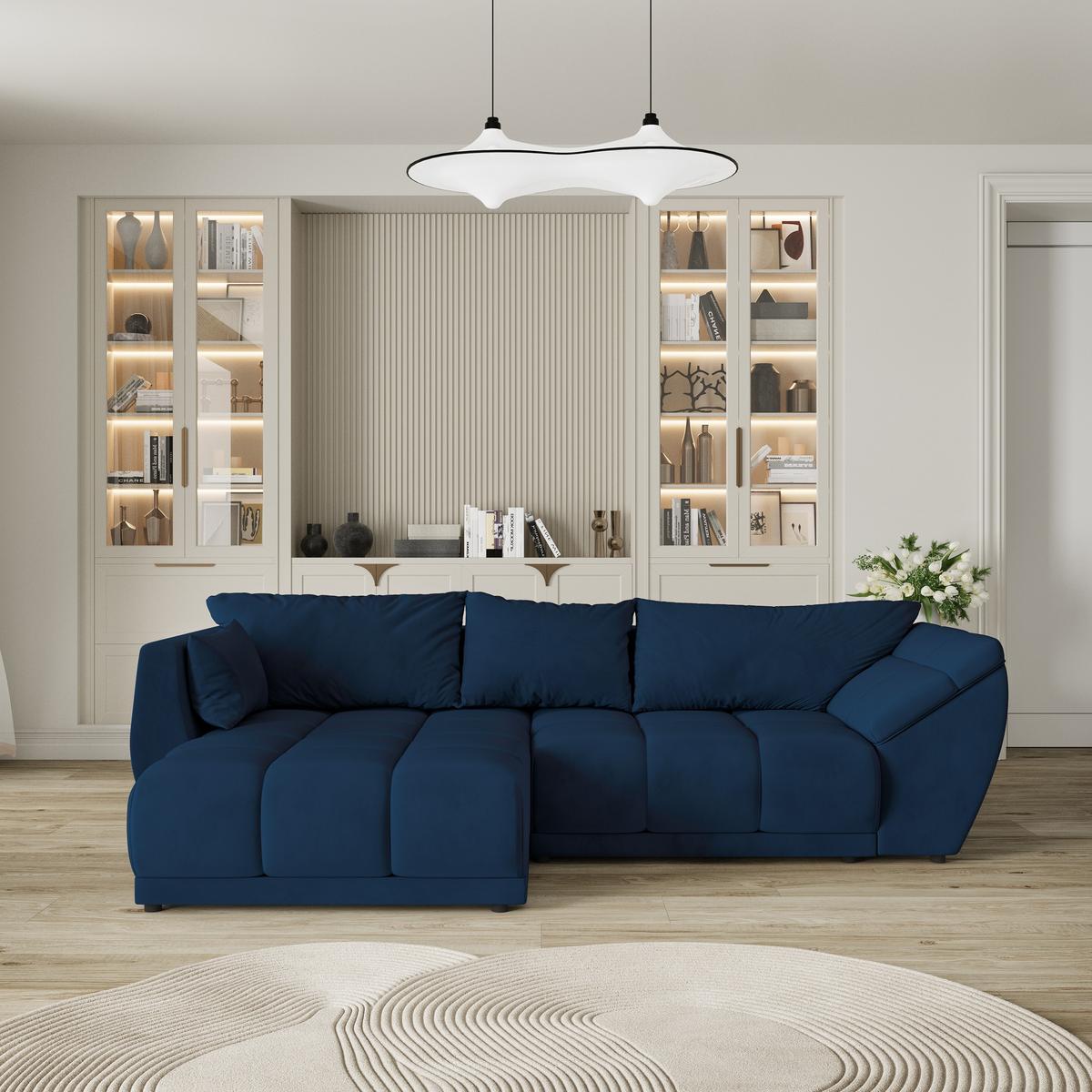 ECKSOFA ORENTI L-S Blau Velours-Stoff mit Schlaffunktion - Dunkelblau, Holz (287/182cm) - MASSENO