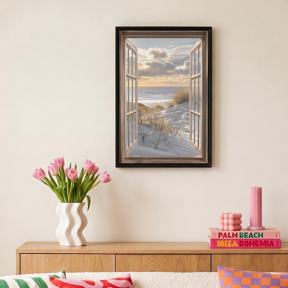 LEINWAND Bilder mit Rahmen - Ausblick - Strand - Dünen - Meer - Natur - 20x30 - Sandfarben, Textil (20/30cm) - MuchoWow