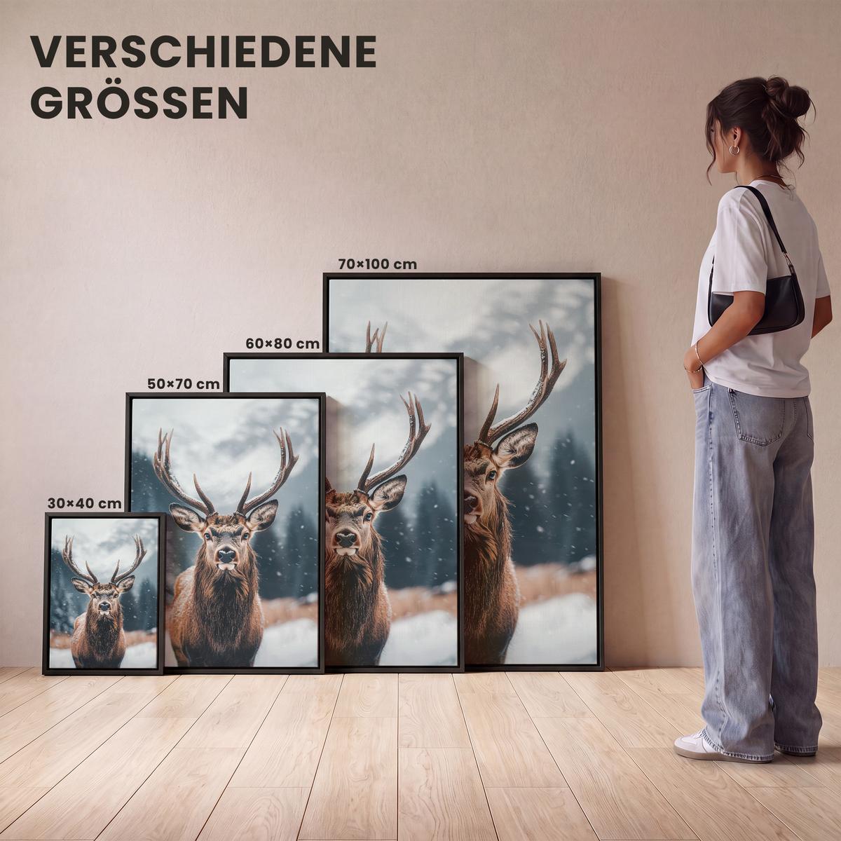 LEINWAND Bilder mit Rahmen - Hirsche - Tiere - Landschaft - Winter - Schnee - 50x70 - Kastanienfarben, Textil (50/70cm) - MuchoWow